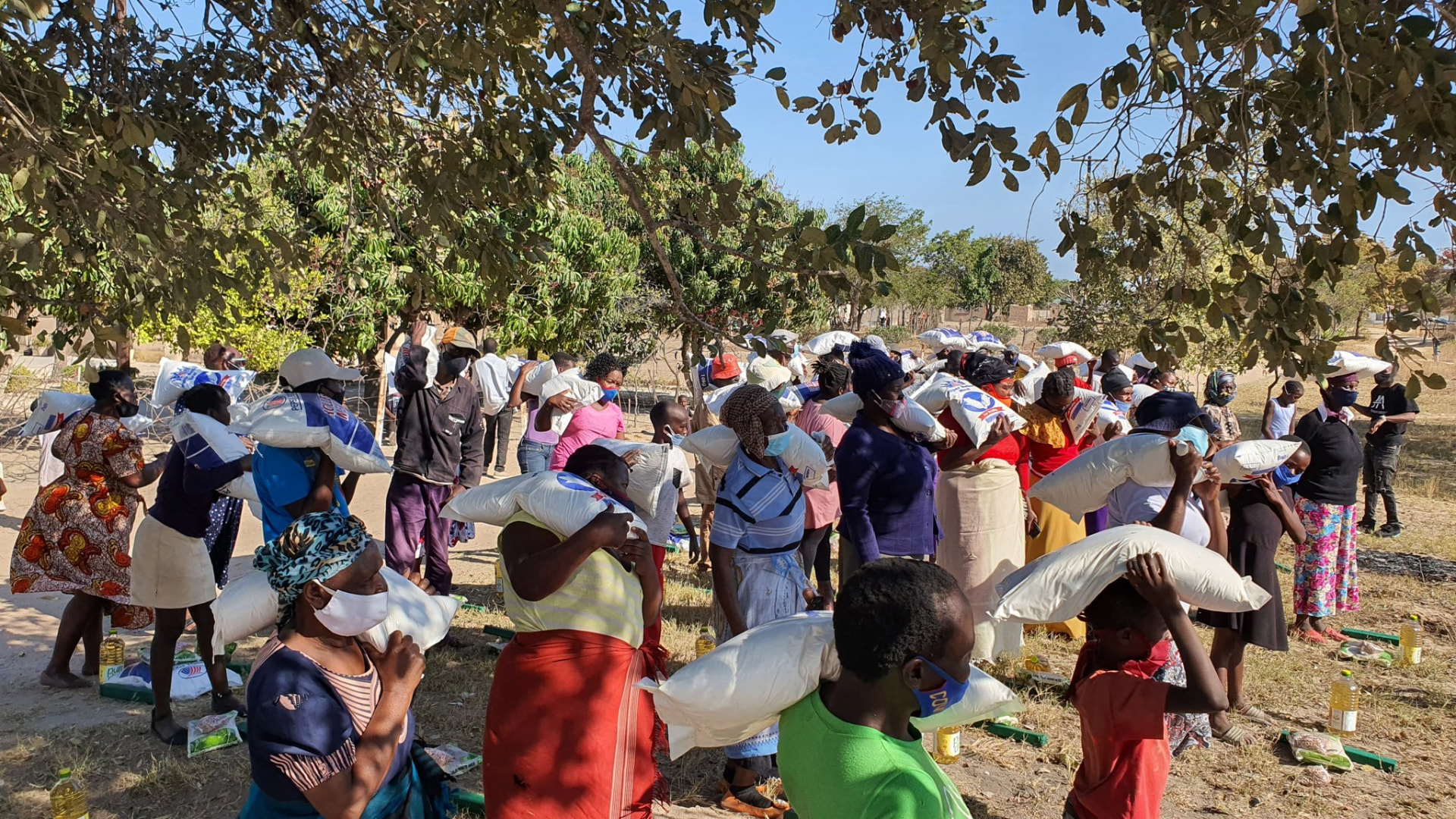 Families receiving food aid under a tree in rural Zimbabwe